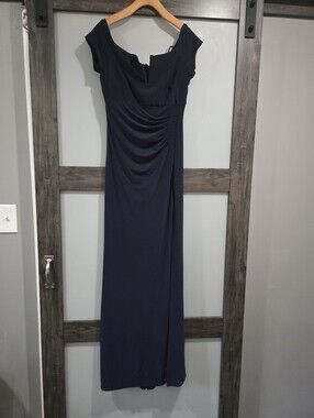 X By Xscape navy blue off the shoulder V Neck gown evening wear slit size 10